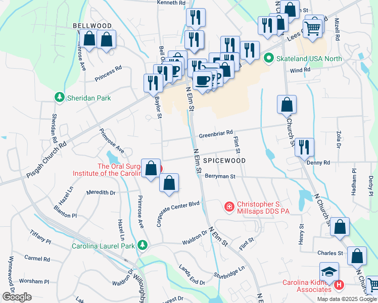 map of restaurants, bars, coffee shops, grocery stores, and more near in Greensboro