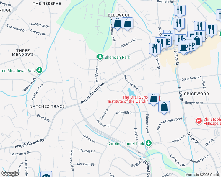 map of restaurants, bars, coffee shops, grocery stores, and more near 19 Park Village Lane in Greensboro