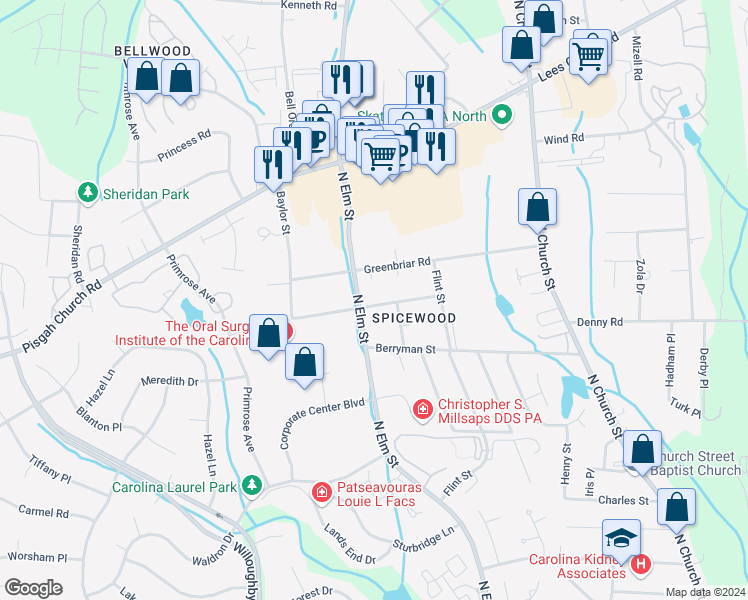 map of restaurants, bars, coffee shops, grocery stores, and more near 408 Spicewood Drive in Greensboro