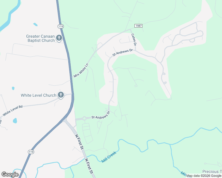 map of restaurants, bars, coffee shops, grocery stores, and more near 105 Winged Foot Court in Mebane