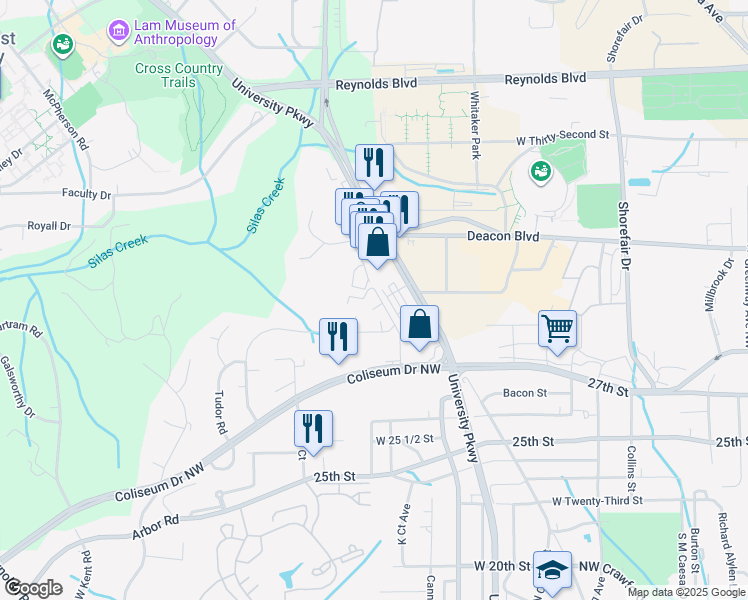 map of restaurants, bars, coffee shops, grocery stores, and more near 621 Gunston Court in Winston-Salem
