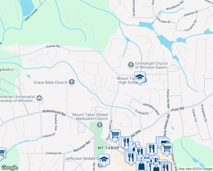 map of restaurants, bars, coffee shops, grocery stores, and more near 3921 Valley Court in Winston-Salem