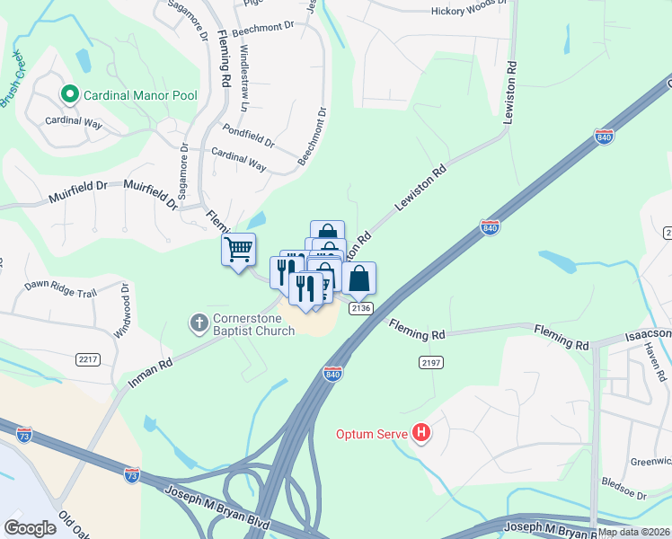 map of restaurants, bars, coffee shops, grocery stores, and more near 2120 Fleming Road in Greensboro