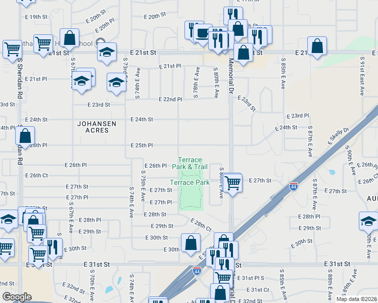 map of restaurants, bars, coffee shops, grocery stores, and more near Terrace Park Trail in Tulsa