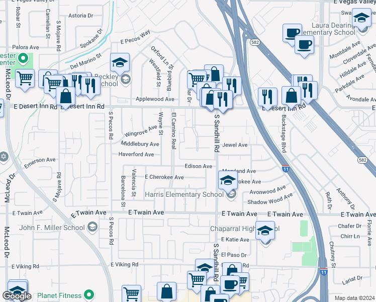map of restaurants, bars, coffee shops, grocery stores, and more near 3461 Monte Carlo Drive in Las Vegas