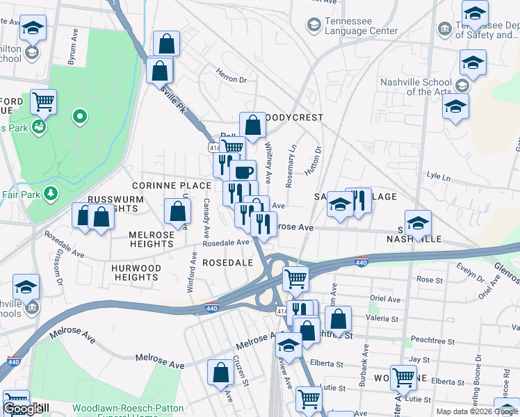 map of restaurants, bars, coffee shops, grocery stores, and more near 2198 U.S. 41A in Nashville
