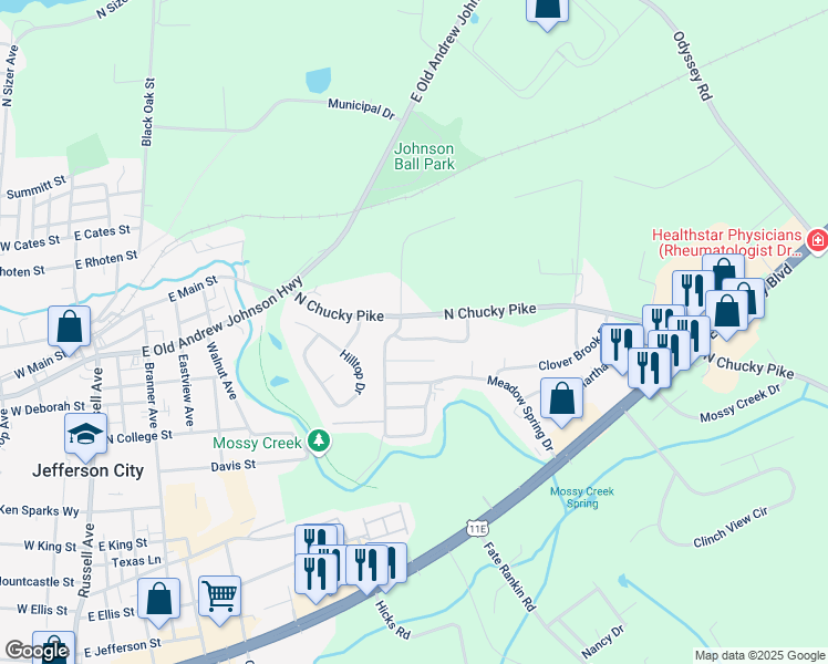map of restaurants, bars, coffee shops, grocery stores, and more near 414 Clearbrook Drive in Jefferson City