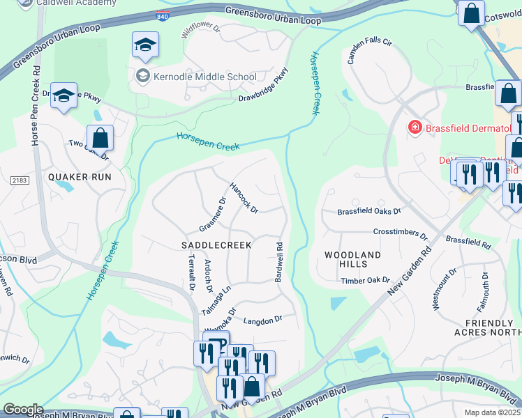map of restaurants, bars, coffee shops, grocery stores, and more near 3493 Hancock Drive in Greensboro