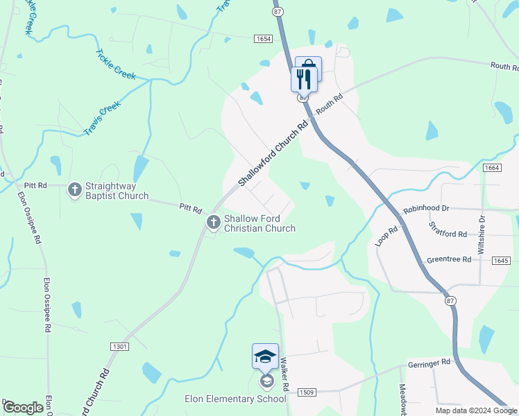 map of restaurants, bars, coffee shops, grocery stores, and more near 1041 Wisteria Drive in Elon