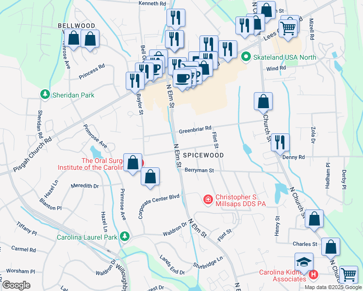 map of restaurants, bars, coffee shops, grocery stores, and more near in Greensboro