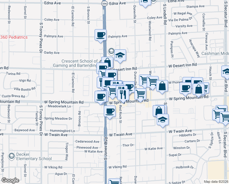 map of restaurants, bars, coffee shops, grocery stores, and more near 3447 Red Rock Street in Las Vegas