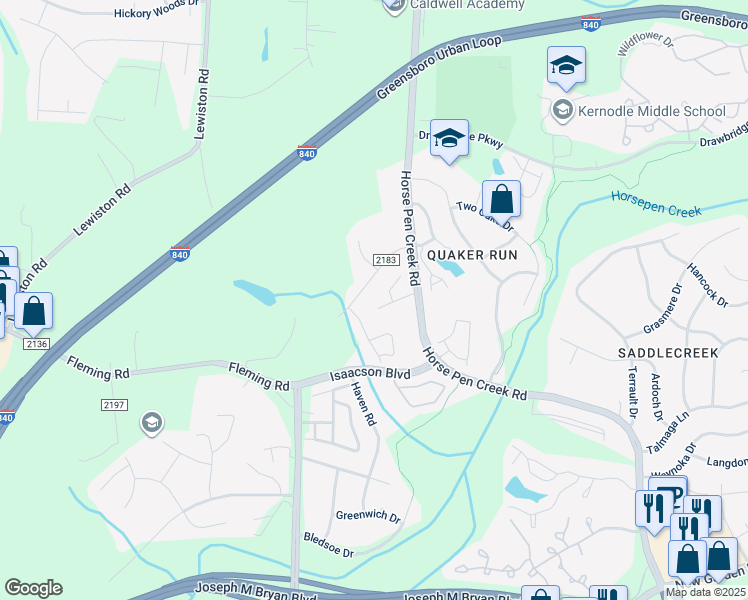 map of restaurants, bars, coffee shops, grocery stores, and more near 4606 Briargrove Court in Greensboro