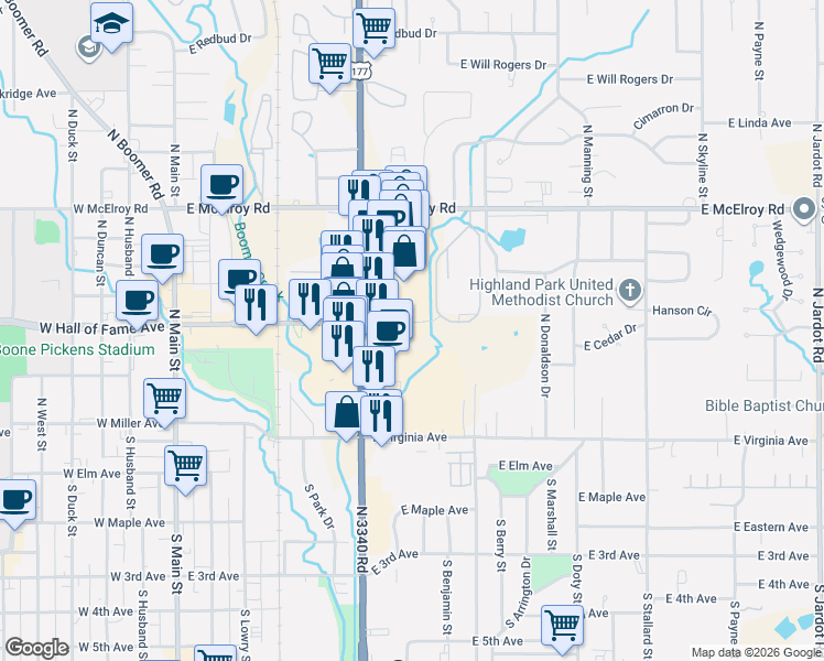 map of restaurants, bars, coffee shops, grocery stores, and more near 211 North Perkins Road in Stillwater