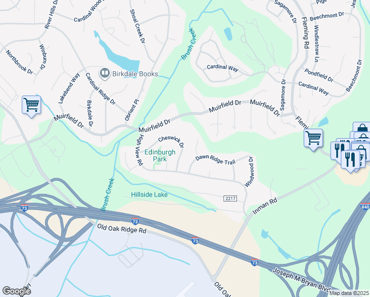 map of restaurants, bars, coffee shops, grocery stores, and more near 3217 Cheswick Drive in Greensboro