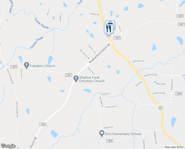map of restaurants, bars, coffee shops, grocery stores, and more near 1041 Wisteria Drive in Elon