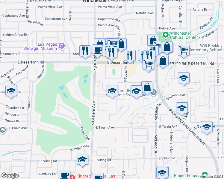 map of restaurants, bars, coffee shops, grocery stores, and more near 3464 Manzano Circle in Las Vegas