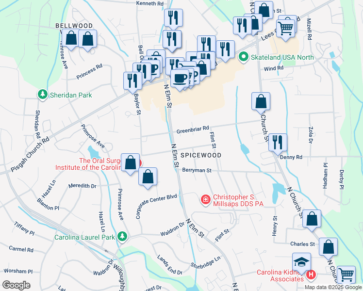 map of restaurants, bars, coffee shops, grocery stores, and more near in Greensboro