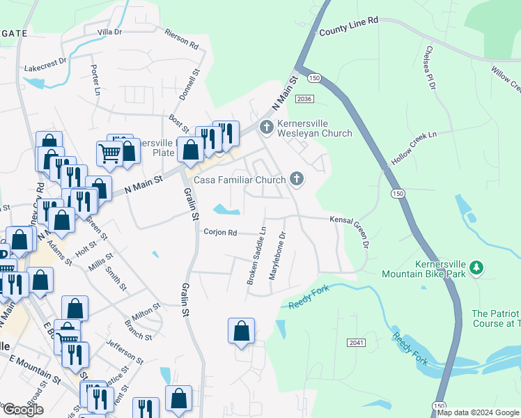 map of restaurants, bars, coffee shops, grocery stores, and more near 210 Broken Saddle Lane in Kernersville