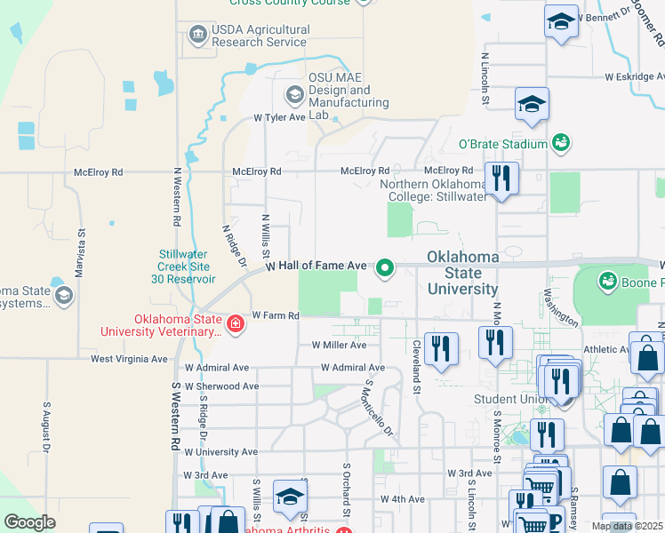 map of restaurants, bars, coffee shops, grocery stores, and more near W Hall of Fame Ave in Stillwater