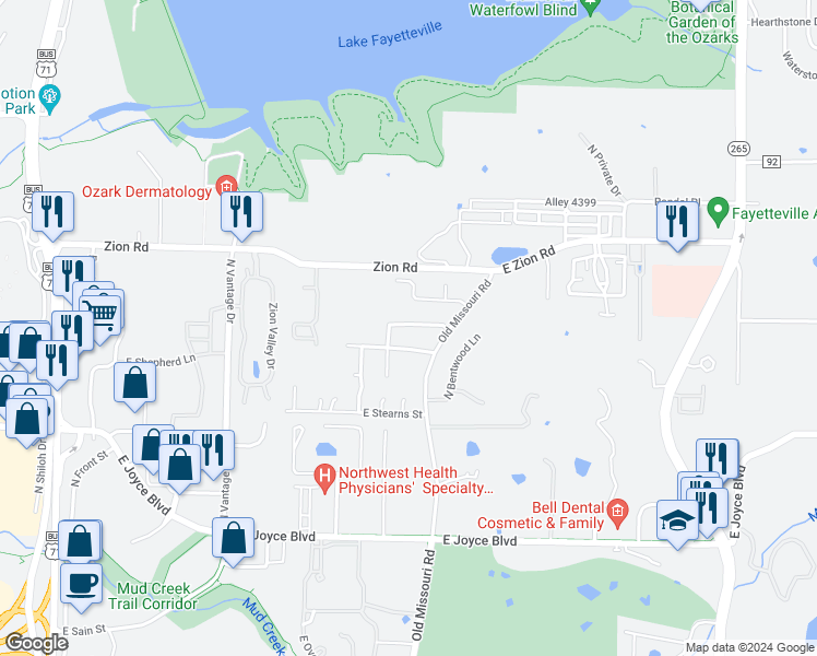 map of restaurants, bars, coffee shops, grocery stores, and more near 2125 East Honeysuckle Lane in Fayetteville