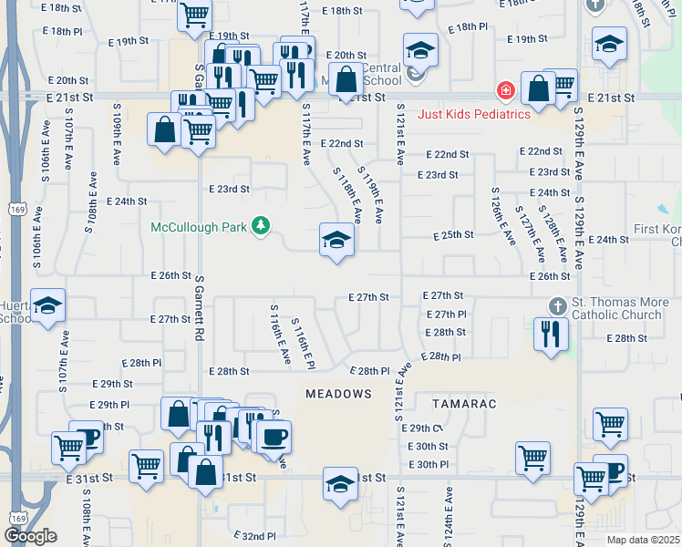 map of restaurants, bars, coffee shops, grocery stores, and more near 11702 East 25th Street in Tulsa