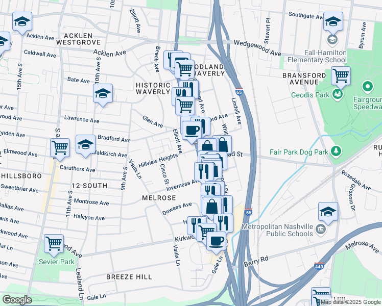 map of restaurants, bars, coffee shops, grocery stores, and more near 801 Hillview Heights in Nashville
