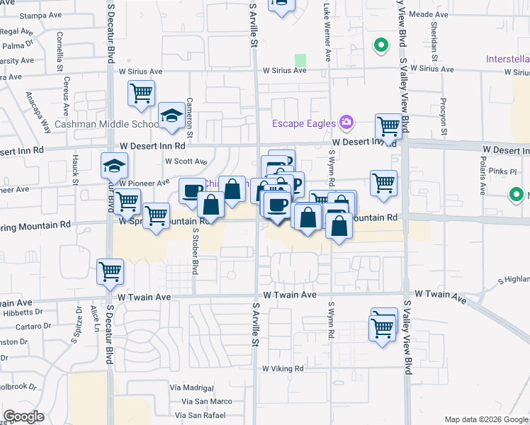 map of restaurants, bars, coffee shops, grocery stores, and more near 4375 Spring Mountain Road in Las Vegas