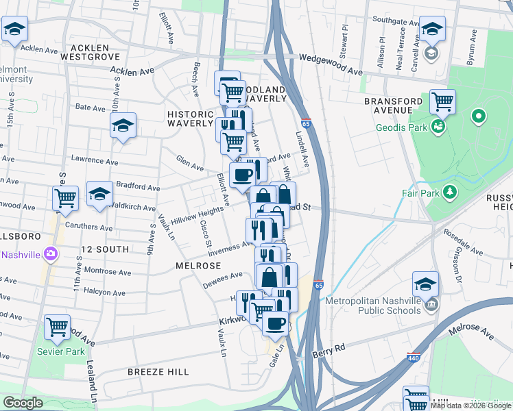 map of restaurants, bars, coffee shops, grocery stores, and more near 2350 8th Avenue South in Berry Hill