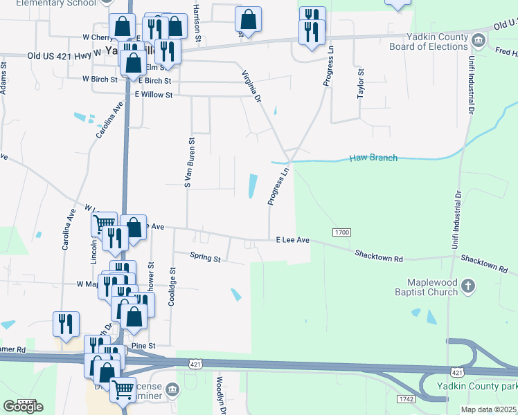 map of restaurants, bars, coffee shops, grocery stores, and more near 335 East Lee Avenue in Yadkinville
