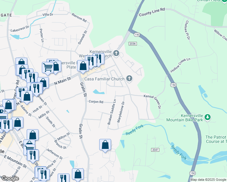 map of restaurants, bars, coffee shops, grocery stores, and more near 210 Broken Saddle Lane in Kernersville