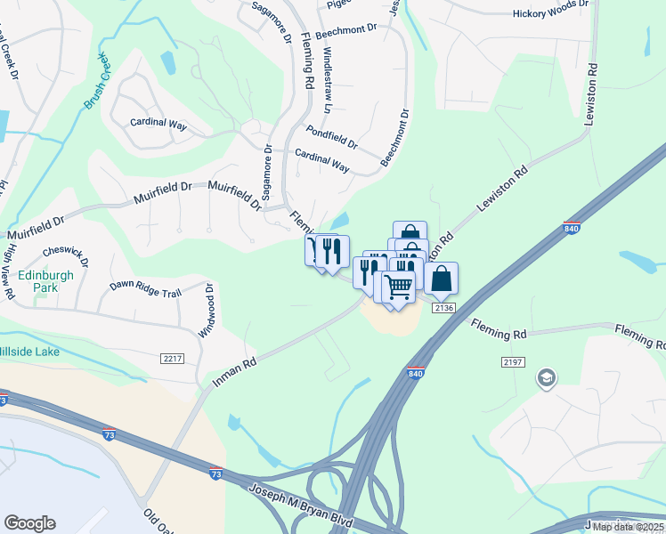 map of restaurants, bars, coffee shops, grocery stores, and more near Fleming Road in Guilford County
