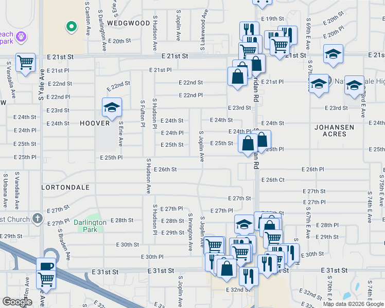 map of restaurants, bars, coffee shops, grocery stores, and more near 5785 East 26th Street in Tulsa