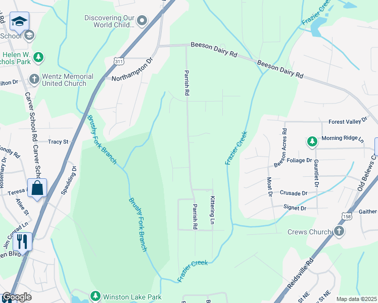 map of restaurants, bars, coffee shops, grocery stores, and more near Parrish Road in Winston-Salem