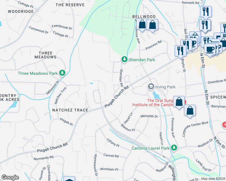 map of restaurants, bars, coffee shops, grocery stores, and more near 22 Dunlevy Way in Greensboro