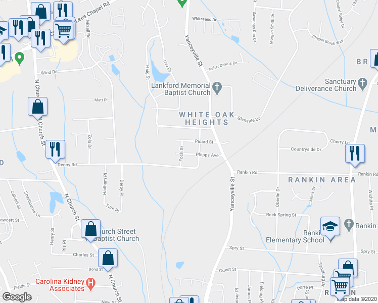 map of restaurants, bars, coffee shops, grocery stores, and more near 1207 Phipps Street in Greensboro