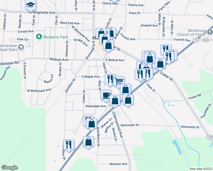 map of restaurants, bars, coffee shops, grocery stores, and more near 343 Main Street South in McKenzie