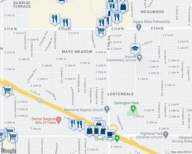 map of restaurants, bars, coffee shops, grocery stores, and more near 4543 East 25th Place in Tulsa