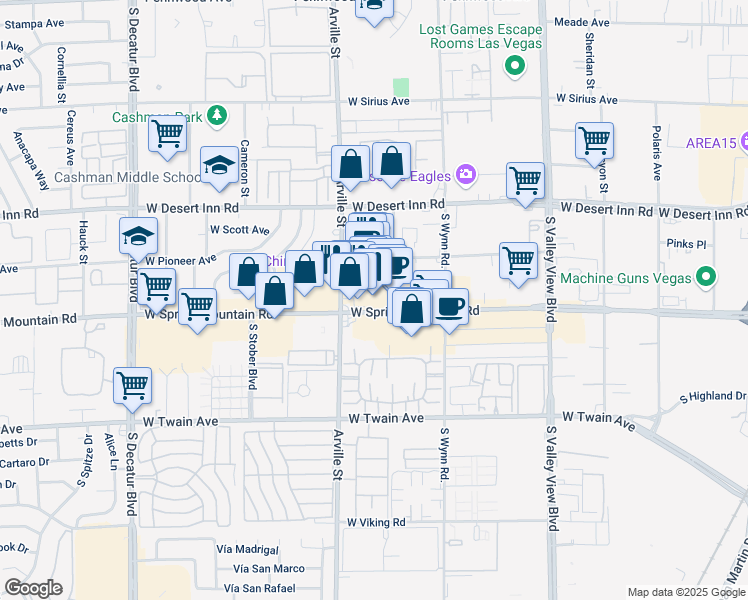 map of restaurants, bars, coffee shops, grocery stores, and more near 4300 Spring Mountain Road in Las Vegas