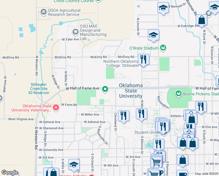map of restaurants, bars, coffee shops, grocery stores, and more near West Hall of Fame Avenue in Stillwater