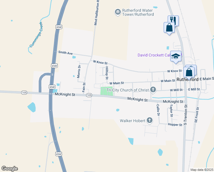 map of restaurants, bars, coffee shops, grocery stores, and more near 102 Bell Street in Rutherford