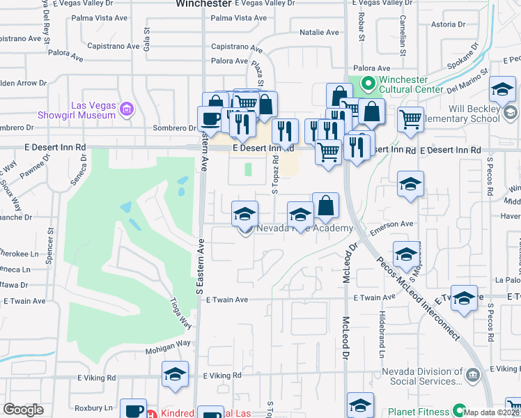 map of restaurants, bars, coffee shops, grocery stores, and more near 2560 Palmera Circle in Las Vegas