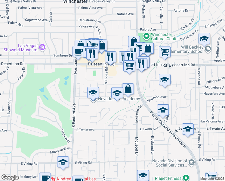 map of restaurants, bars, coffee shops, grocery stores, and more near 2684 San Lago Court in Las Vegas