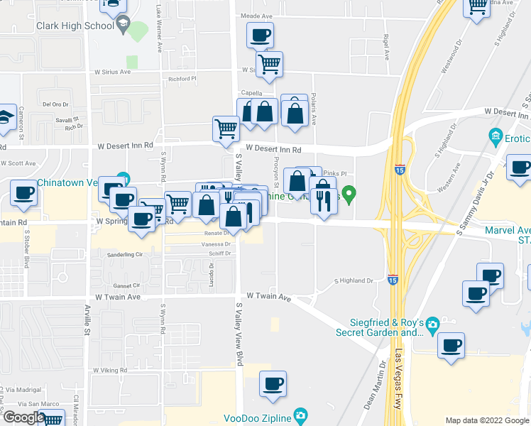 map of restaurants, bars, coffee shops, grocery stores, and more near 3437 Procyon Street in Las Vegas