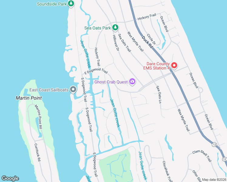 map of restaurants, bars, coffee shops, grocery stores, and more near 63 East Dogwood Trail in Kitty Hawk