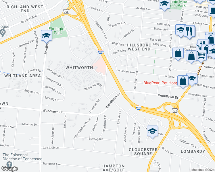 map of restaurants, bars, coffee shops, grocery stores, and more near 79 Wyn Oak in Nashville