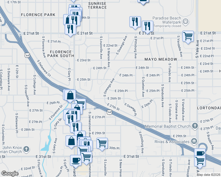 map of restaurants, bars, coffee shops, grocery stores, and more near 2514 South Oswego Avenue in Tulsa