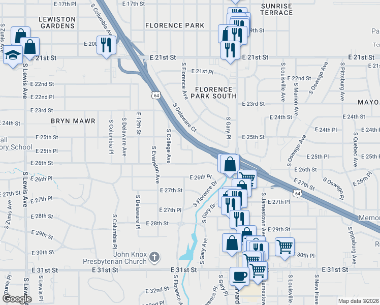 map of restaurants, bars, coffee shops, grocery stores, and more near 2515 South Florence Avenue in Tulsa