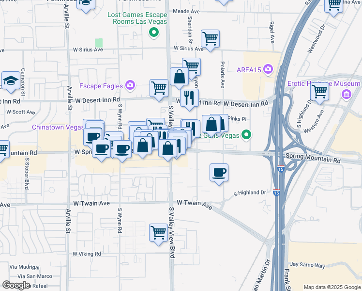 map of restaurants, bars, coffee shops, grocery stores, and more near 3430 South Valley View Boulevard in Las Vegas