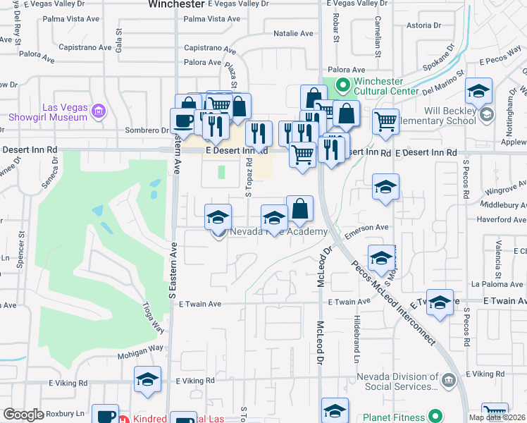 map of restaurants, bars, coffee shops, grocery stores, and more near 2684 San Lago Court in Las Vegas