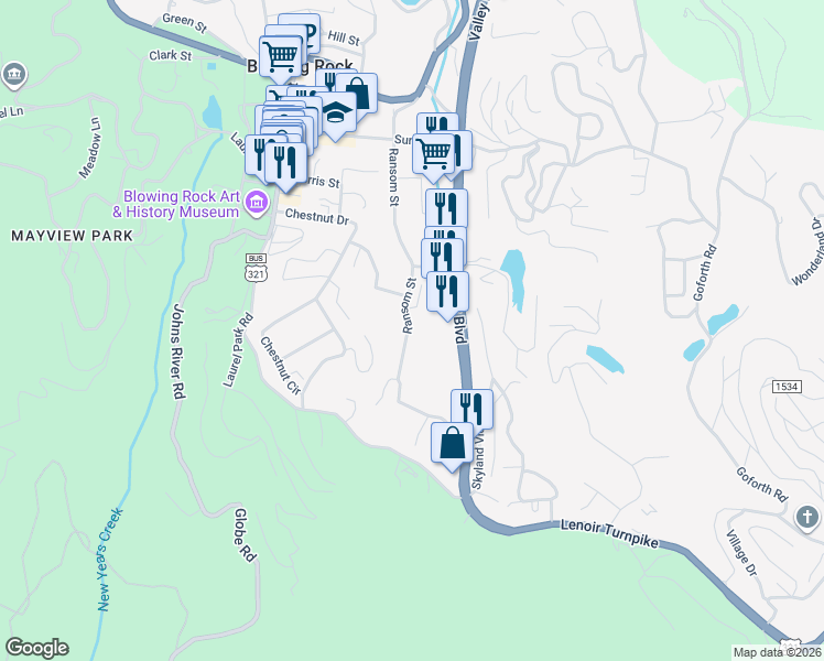 map of restaurants, bars, coffee shops, grocery stores, and more near 613 Ransom Street in Blowing Rock